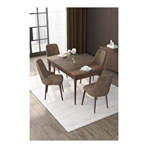 Nex Serisi, Mdf 80x132 Açılabilir Barok Ahşap Desen Mutfak Masa Takımı, 4 Sandalye Gümüş Halkalı Kahverengi