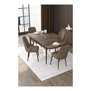 Nex Serisi, Mdf 80x132 Açılabilir Barok Ahşap Desen Mutfak Masa Takımı, 4 Sandalye Gümüş Halkalı Kahverengi