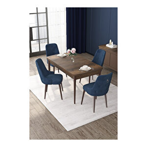 Nex Serisi, Mdf 80x132 Açılabilir Barok Ahşap Desen Mutfak Masa Takımı, 4 Sandalye Gümüş Halkalı Lacivert