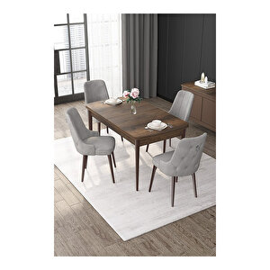 Nex Serisi, Mdf 80x132 Açılabilir Barok Ahşap Desen Mutfak Masa Takımı, 4 Sandalye Gümüş Halkalı Gri