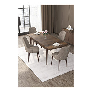 Nex Serisi, Mdf 80x132 Açılabilir Barok Ahşap Desen Mutfak Masa Takımı, 4 Sandalye Gümüş Halkalı Cappucino