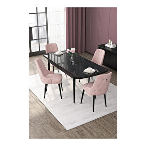 Nex Serisi, 80x132 Mdf Açılabilir Siyah Mermer Desen Masa Takımı, 4 Sandalye Gümüş Halkalı Pembe