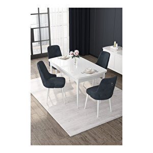 Nex Serisi, 80x132 Mdf Açılabilir Beyaz Masa Takımı, 4 Sandalye Gümüş Halkalı Antrasit