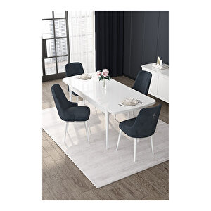 Nex Serisi, 80x132 Mdf Açılabilir Beyaz Masa Takımı, 4 Sandalye Gümüş Halkalı Antrasit