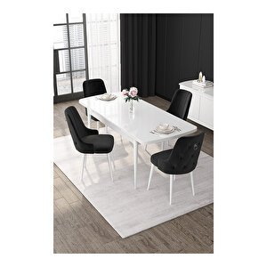 Nex Serisi, 80x132 Mdf Açılabilir Beyaz Masa Takımı, 4 Sandalye Gümüş Halkalı Siyah