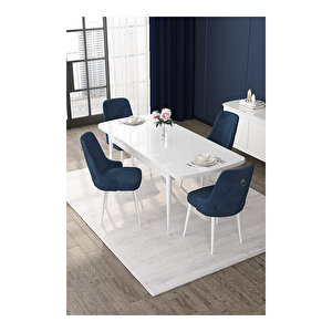 Nex Serisi, 80x132 Mdf Açılabilir Beyaz Masa Takımı, 4 Sandalye Gümüş Halkalı Lacivert