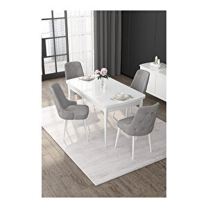 Nex Serisi, 80x132 Mdf Açılabilir Beyaz Masa Takımı, 4 Sandalye Gümüş Halkalı Gri