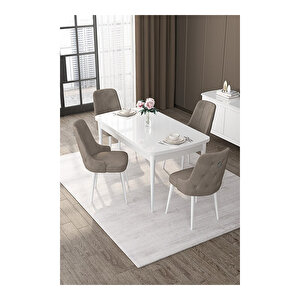 Nex Serisi, 80x132 Mdf Açılabilir Beyaz Masa Takımı, 4 Sandalye Gümüş Halkalı