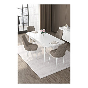 Nex Serisi, 80x132 Mdf Açılabilir Beyaz Masa Takımı, 4 Sandalye Gümüş Halkalı Cappucino