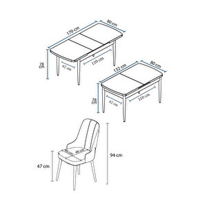 Nex Serisi, Mdf 80x132 Açılabilir Barok Ahşap Desen Mutfak Masa Takımı, 6 Sandalye Gümüş Halkalı