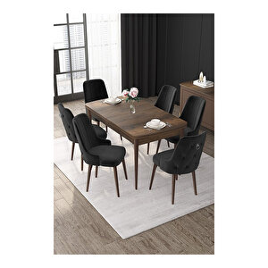 Nex Serisi, Mdf 80x132 Açılabilir Barok Ahşap Desen Mutfak Masa Takımı, 6 Sandalye Gümüş Halkalı Siyah