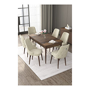 Nex Serisi, Mdf 80x132 Açılabilir Barok Ahşap Desen Mutfak Masa Takımı, 6 Sandalye Gümüş Halkalı Krem