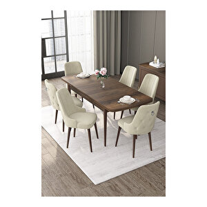 Nex Serisi, Mdf 80x132 Açılabilir Barok Ahşap Desen Mutfak Masa Takımı, 6 Sandalye Gümüş Halkalı Krem