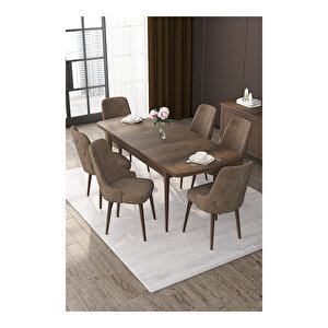 Nex Serisi, Mdf 80x132 Açılabilir Barok Ahşap Desen Mutfak Masa Takımı, 6 Sandalye Gümüş Halkalı Kahverengi