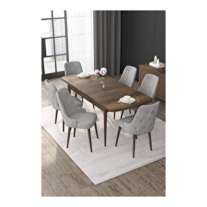 Nex Serisi, Mdf 80x132 Açılabilir Barok Ahşap Desen Mutfak Masa Takımı, 6 Sandalye Gümüş Halkalı Gri