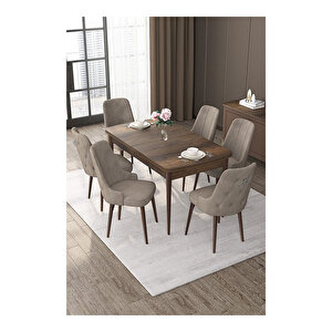 Nex Serisi, Mdf 80x132 Açılabilir Barok Ahşap Desen Mutfak Masa Takımı, 6 Sandalye Gümüş Halkalı Cappucino
