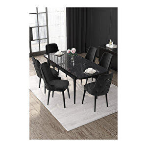 Nex Serisi, 80x132 Mdf Açılabilir Siyah Mermer Desen Masa Takımı, 6 Sandalye Gümüş Halkalı Siyah