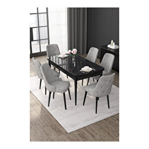 Nex Serisi, 80x132 Mdf Açılabilir Siyah Mermer Desen Masa Takımı, 6 Sandalye Gümüş Halkalı Gri