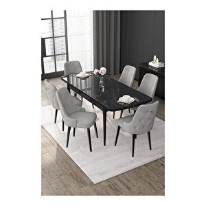 Nex Serisi, 80x132 Mdf Açılabilir Siyah Mermer Desen Masa Takımı, 6 Sandalye Gümüş Halkalı Gri