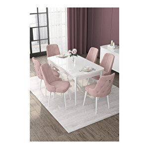 Nex Serisi, 80x132 Mdf Açılabilir Beyaz Masa Takımı, 6 Sandalye Gümüş Halkalı Pembe