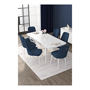Nex Serisi, 80x132 Mdf Açılabilir Beyaz Masa Takımı, 6 Sandalye Gümüş Halkalı Lacivert