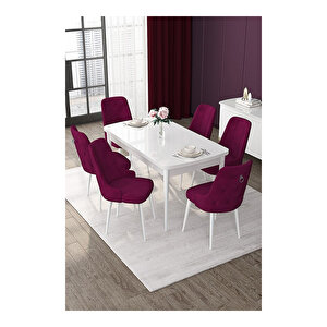 Nex Serisi, 80x132 Mdf Açılabilir Beyaz Masa Takımı, 6 Sandalye Gümüş Halkalı Mürdüm