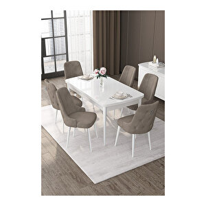 Nex Serisi, 80x132 Mdf Açılabilir Beyaz Masa Takımı, 6 Sandalye Gümüş Halkalı