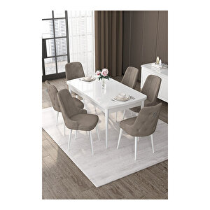 Nex Serisi, 80x132 Mdf Açılabilir Beyaz Masa Takımı, 6 Sandalye Gümüş Halkalı Cappucino