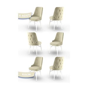 Pare Serisi, Beyaz Gürgen Ayaklı 1.sınıf Babyface Kumaş 6 Adet Sandalye, Gold Halkalı Krem