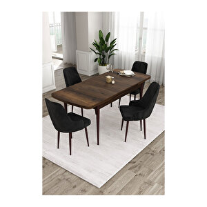Ram Serisi, 80x132 Açılabilir Barok Ahşap Desen Mutfak Masa Takımı, 4 Sandalye Siyah