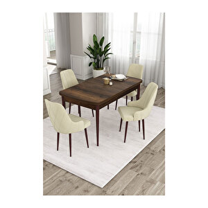 Ram Serisi, 80x132 Açılabilir Barok Ahşap Desen Mutfak Masa Takımı, 4 Sandalye Krem