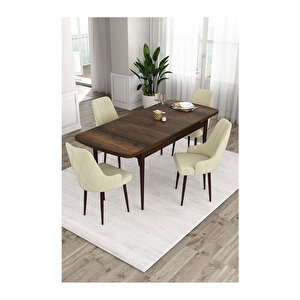 Ram Serisi, 80x132 Açılabilir Barok Ahşap Desen Mutfak Masa Takımı, 4 Sandalye Krem