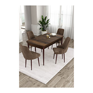 Ram Serisi, 80x132 Açılabilir Barok Ahşap Desen Mutfak Masa Takımı, 4 Sandalye Kahverengi