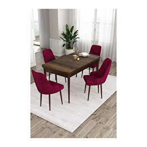 Ram Serisi, 80x132 Açılabilir Barok Ahşap Desen Mutfak Masa Takımı, 4 Sandalye Mürdüm
