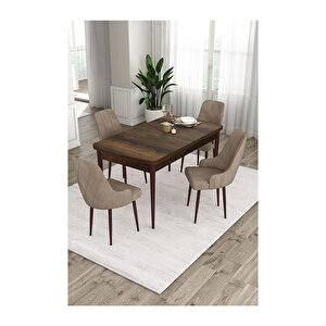 Ram Serisi, 80x132 Açılabilir Barok Ahşap Desen Mutfak Masa Takımı, 4 Sandalye Cappucino