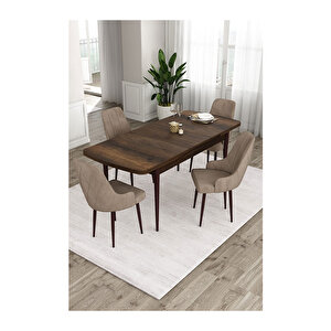 Ram Serisi, 80x132 Açılabilir Barok Ahşap Desen Mutfak Masa Takımı, 4 Sandalye Cappucino