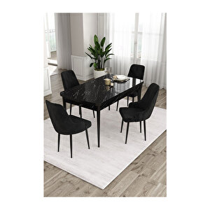 Ram Serisi, 80x132 Açılabilir Siyah Mermer Desen Mutfak Masası Takımı, 4 Sandalye Siyah