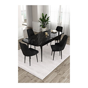 Ram Serisi, 80x132 Açılabilir Siyah Mermer Desen Mutfak Masası Takımı, 4 Sandalye Siyah