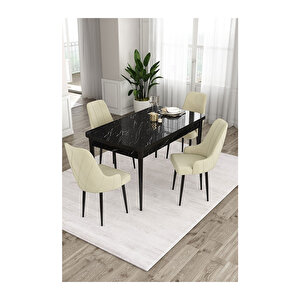 Ram Serisi, 80x132 Açılabilir Siyah Mermer Desen Mutfak Masası Takımı, 4 Sandalye Krem