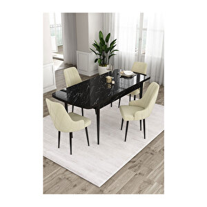 Ram Serisi, 80x132 Açılabilir Siyah Mermer Desen Mutfak Masası Takımı, 4 Sandalye Krem