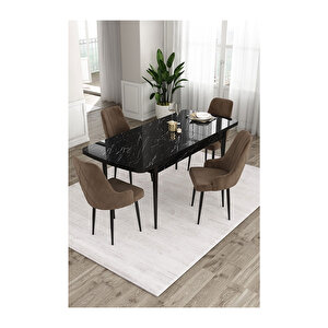 Ram Serisi, 80x132 Açılabilir Siyah Mermer Desen Mutfak Masası Takımı, 4 Sandalye Kahverengi