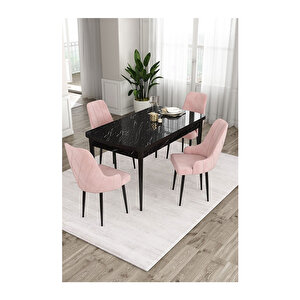 Ram Serisi, 80x132 Açılabilir Siyah Mermer Desen Mutfak Masası Takımı, 4 Sandalye Pembe