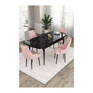 Ram Serisi, 80x132 Açılabilir Siyah Mermer Desen Mutfak Masası Takımı, 4 Sandalye Pembe