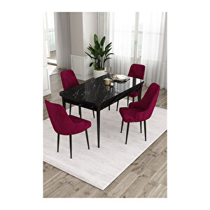 Ram Serisi, 80x132 Açılabilir Siyah Mermer Desen Mutfak Masası Takımı, 4 Sandalye Mürdüm