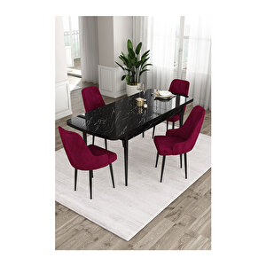 Ram Serisi, 80x132 Açılabilir Siyah Mermer Desen Mutfak Masası Takımı, 4 Sandalye Mürdüm