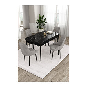 Ram Serisi, 80x132 Açılabilir Siyah Mermer Desen Mutfak Masası Takımı, 4 Sandalye Gri