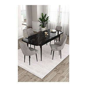 Ram Serisi, 80x132 Açılabilir Siyah Mermer Desen Mutfak Masası Takımı, 4 Sandalye Gri