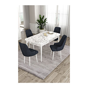 Ram Serisi, 80x132 Açılabilir Beyaz Mermer Desen Mutfak Masası Takımı, 4 Sandalye Antrasit