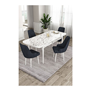 Ram Serisi, 80x132 Açılabilir Beyaz Mermer Desen Mutfak Masası Takımı, 4 Sandalye Antrasit