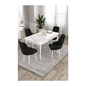 Ram Serisi, 80x132 Açılabilir Beyaz Mermer Desen Mutfak Masası Takımı, 4 Sandalye Siyah